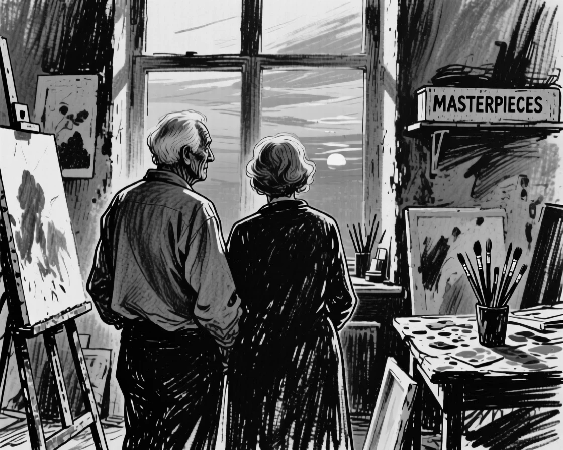 An elderly couple gazing thoughtfully into the distance at sunset, in an artist's studio.