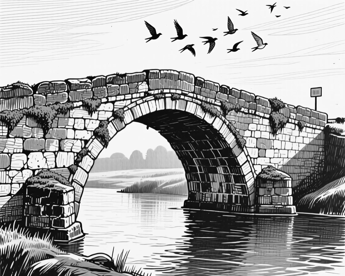 A weathered stone bridge under the soft glow of early morning light, with birds circling lazily overhead, evoking a quietly majestic atmosphere in a wide, balanced composition.