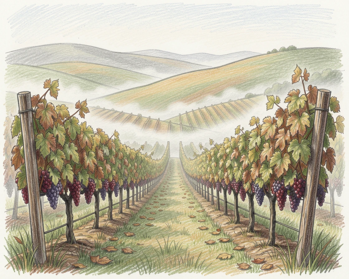 A peaceful vineyard on rolling hills at the edge of harvest season, with morning mist curling low across the ground, radiating calm, restorative serenity.