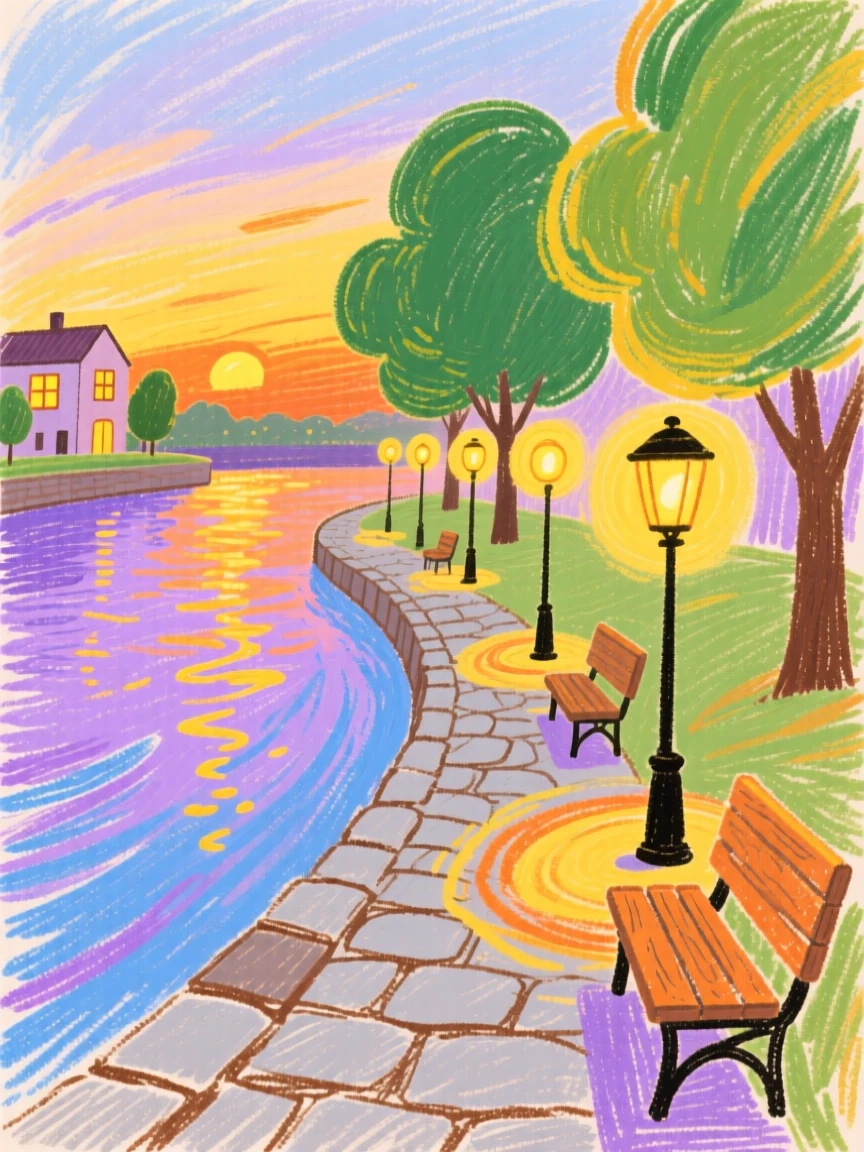 A view of a riverside promenade glowing warmly as evening lights begin to switch on.