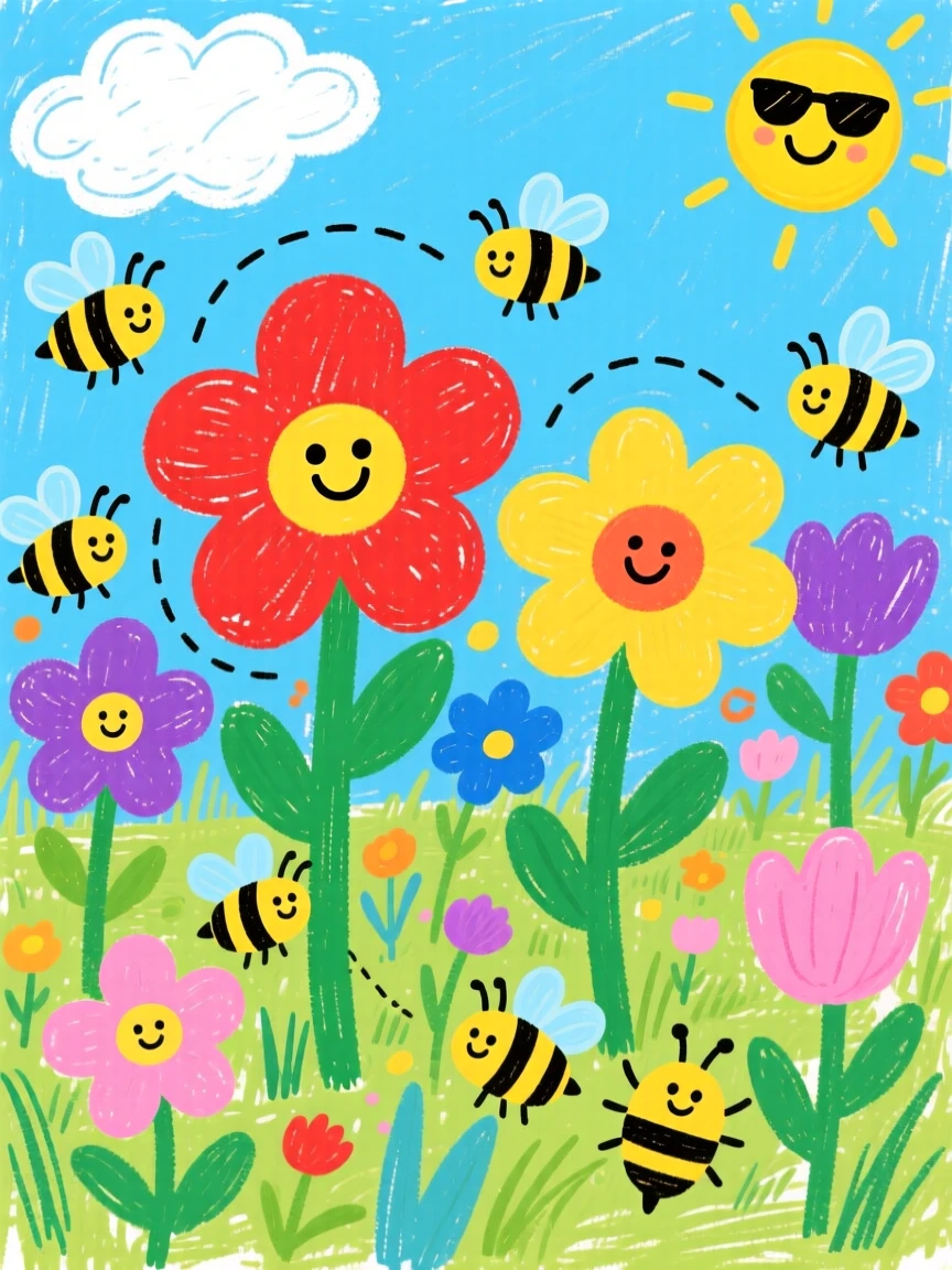 A wildflower meadow buzzing with bees.