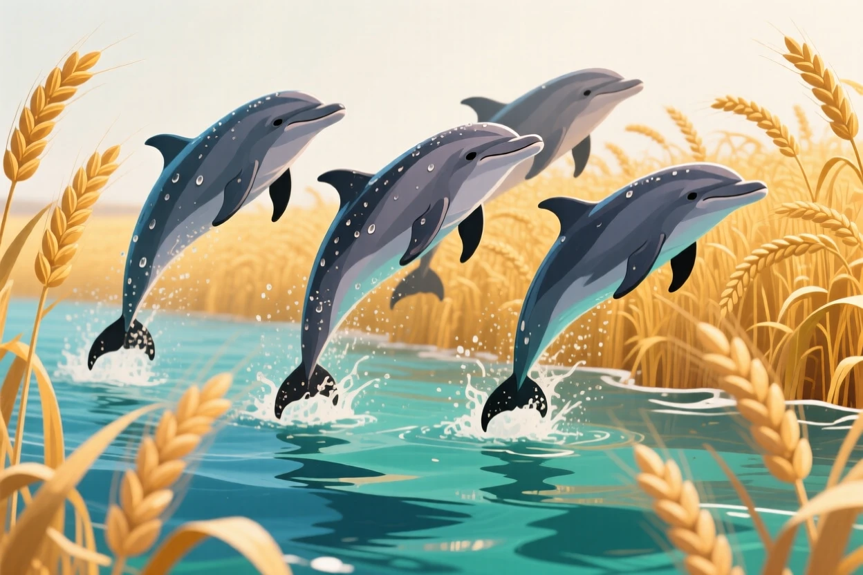 A pod of dolphins leaping in unison out of the water, nestled in a field of tall golden wheat, shown in close-up detail highlighting texture and expression, with vivid, richly saturated colors that pop.