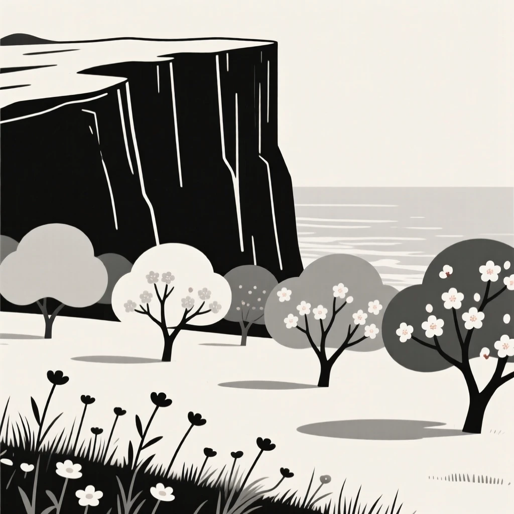 A sea cliff, standing at the edge of a blooming orchard, with wildflowers swaying in the breeze nearby, evokes raw natural power.