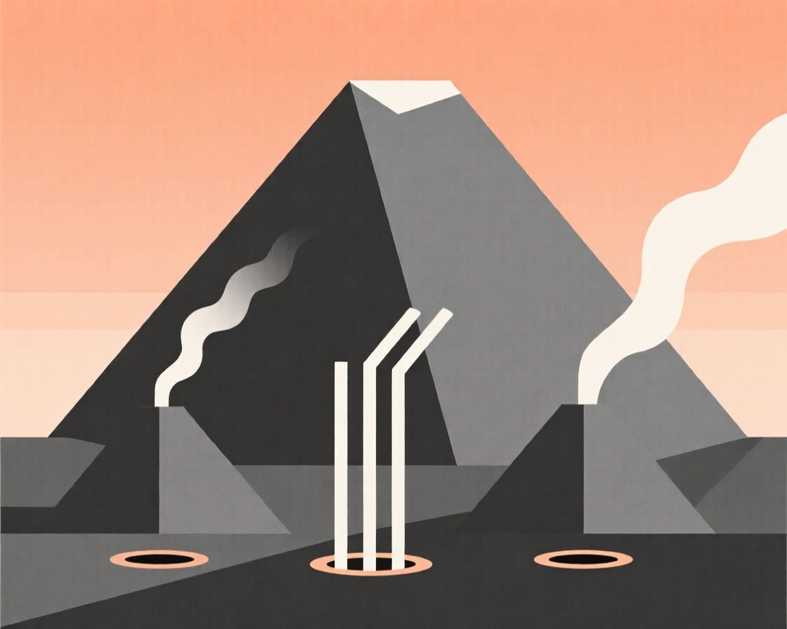 A volcanic landscape with steam rising from vents