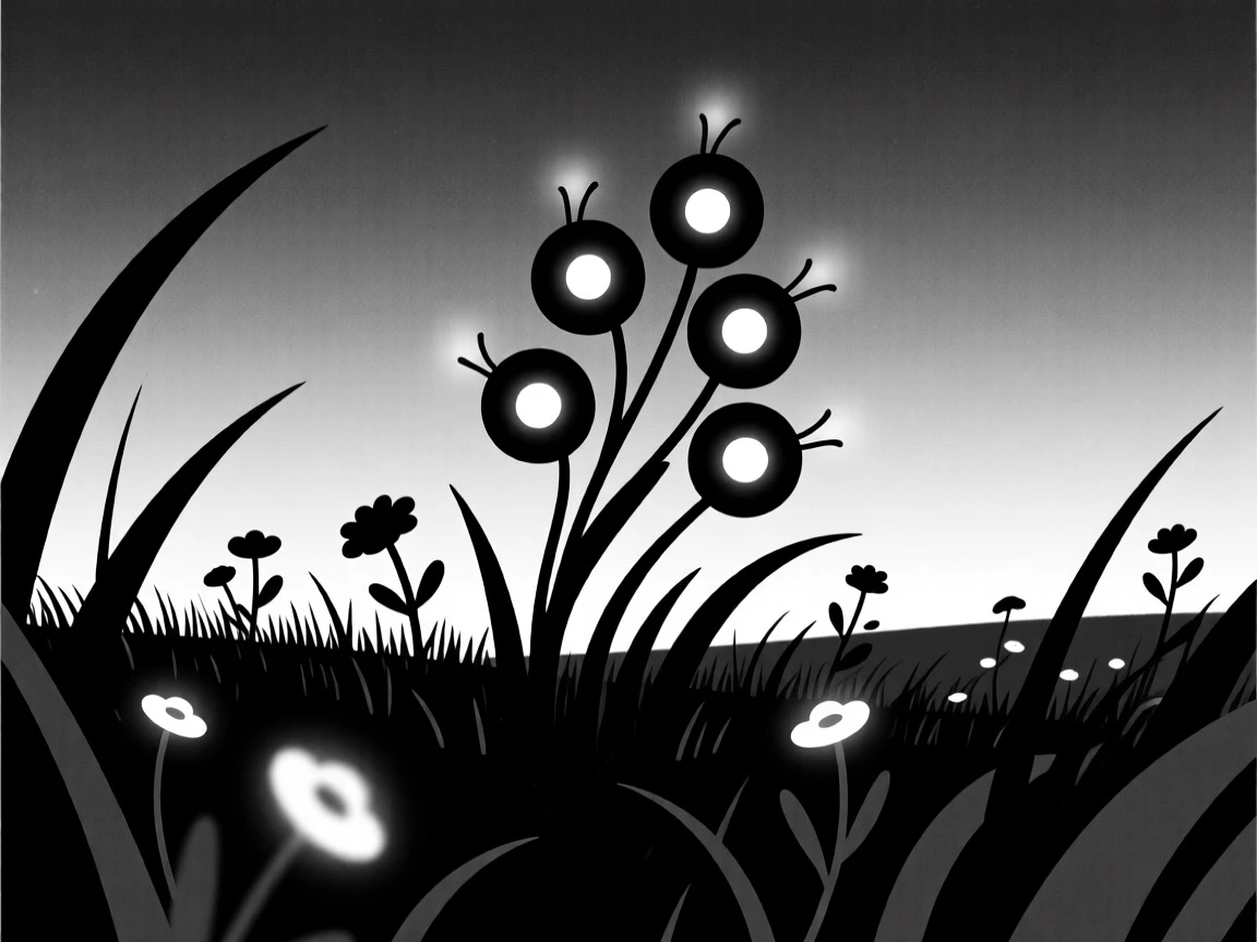 A cluster of fireflies glowing at dusk over a meadow.