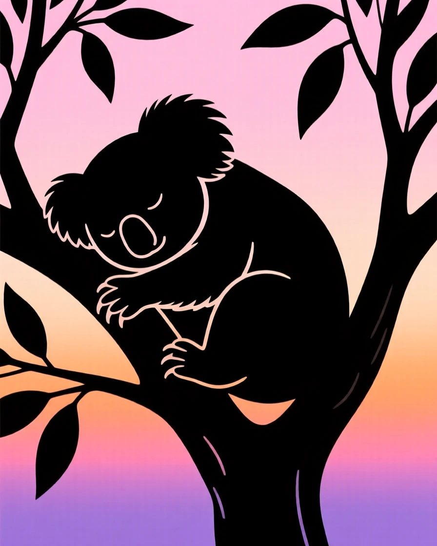 A koala curled asleep in the fork of a eucalyptus tree, one paw draped over a branch.