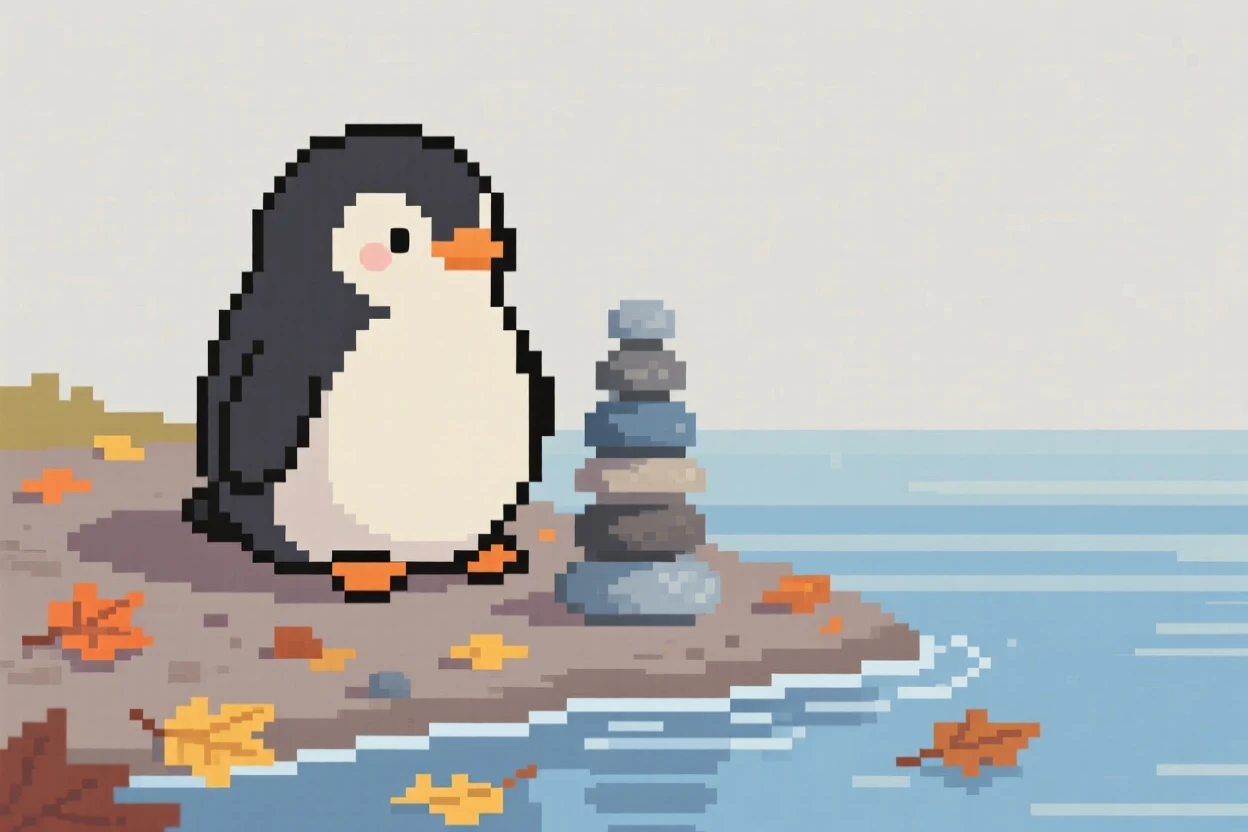 A plump baby penguin stacking pebbles into a tiny tower, on a riverbank scattered with fallen leaves.