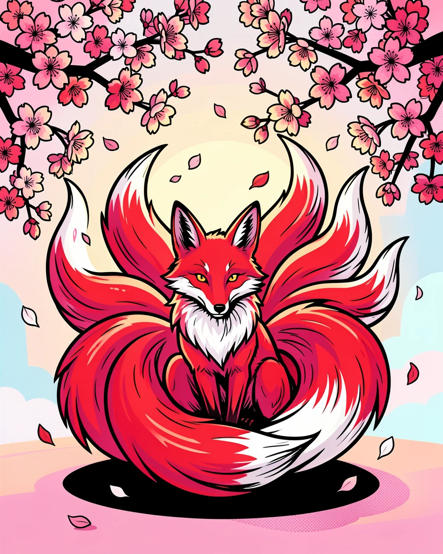A kitsune spirit fox lit softly beneath cherry blossoms