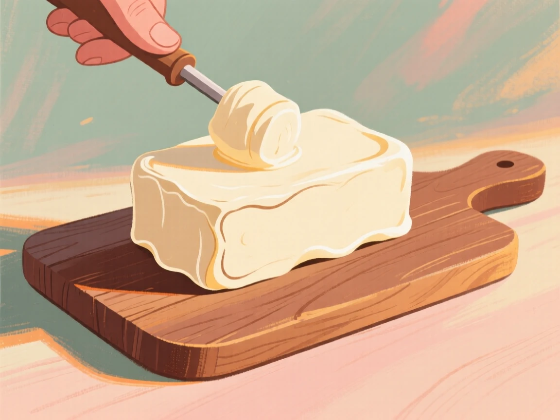 A hand-churned pat of butter resting on a wooden board
