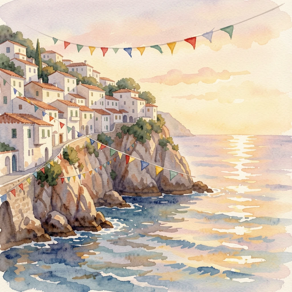 A cliffside town overlooking the Mediterranean during golden hour with colorful flags fluttering in the breeze.
