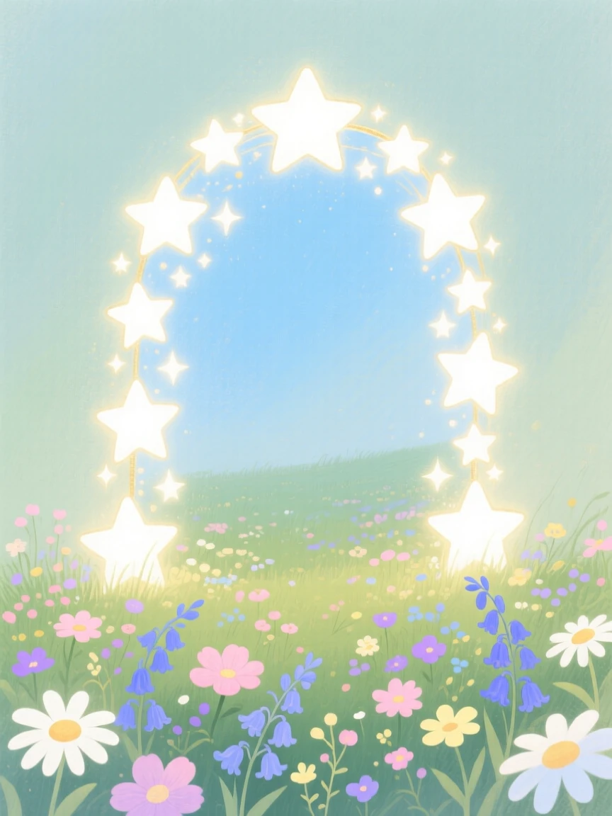 A glowing portal shaped like an archway of stars opens onto a meadow filled with luminous flowers