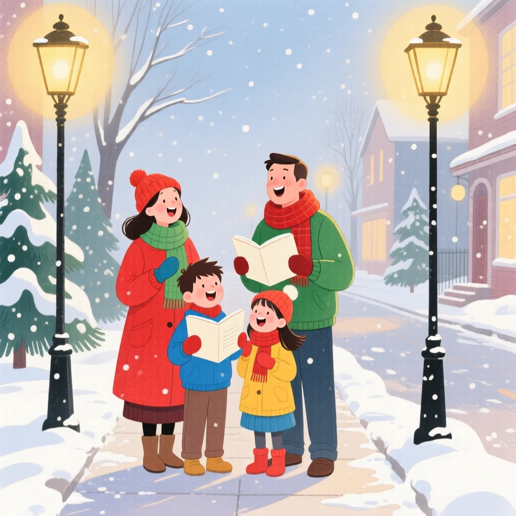 A heartwarming holiday moment: a family caroling together in the snow under streetlamps.