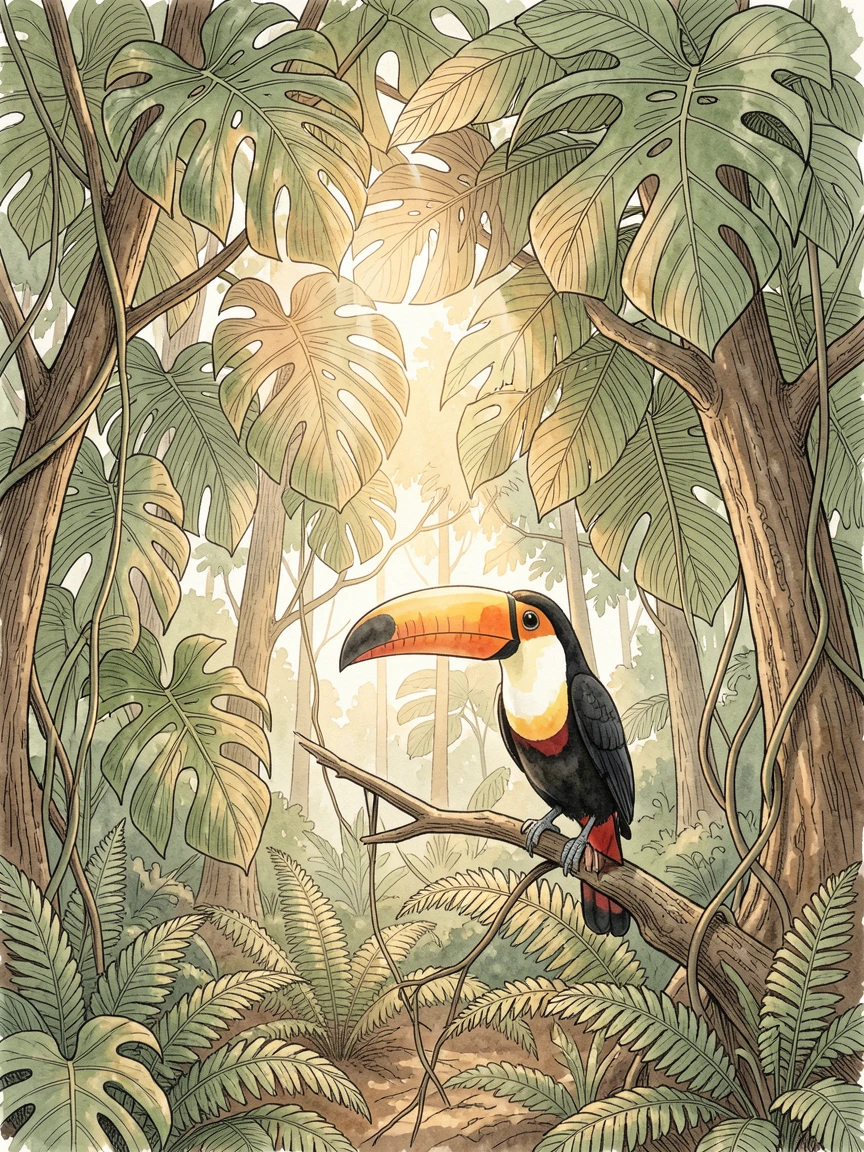 A dense rainforest canopy with shafts of light piercing through to a fern-covered floor, a colorful toucan perched on a low branch