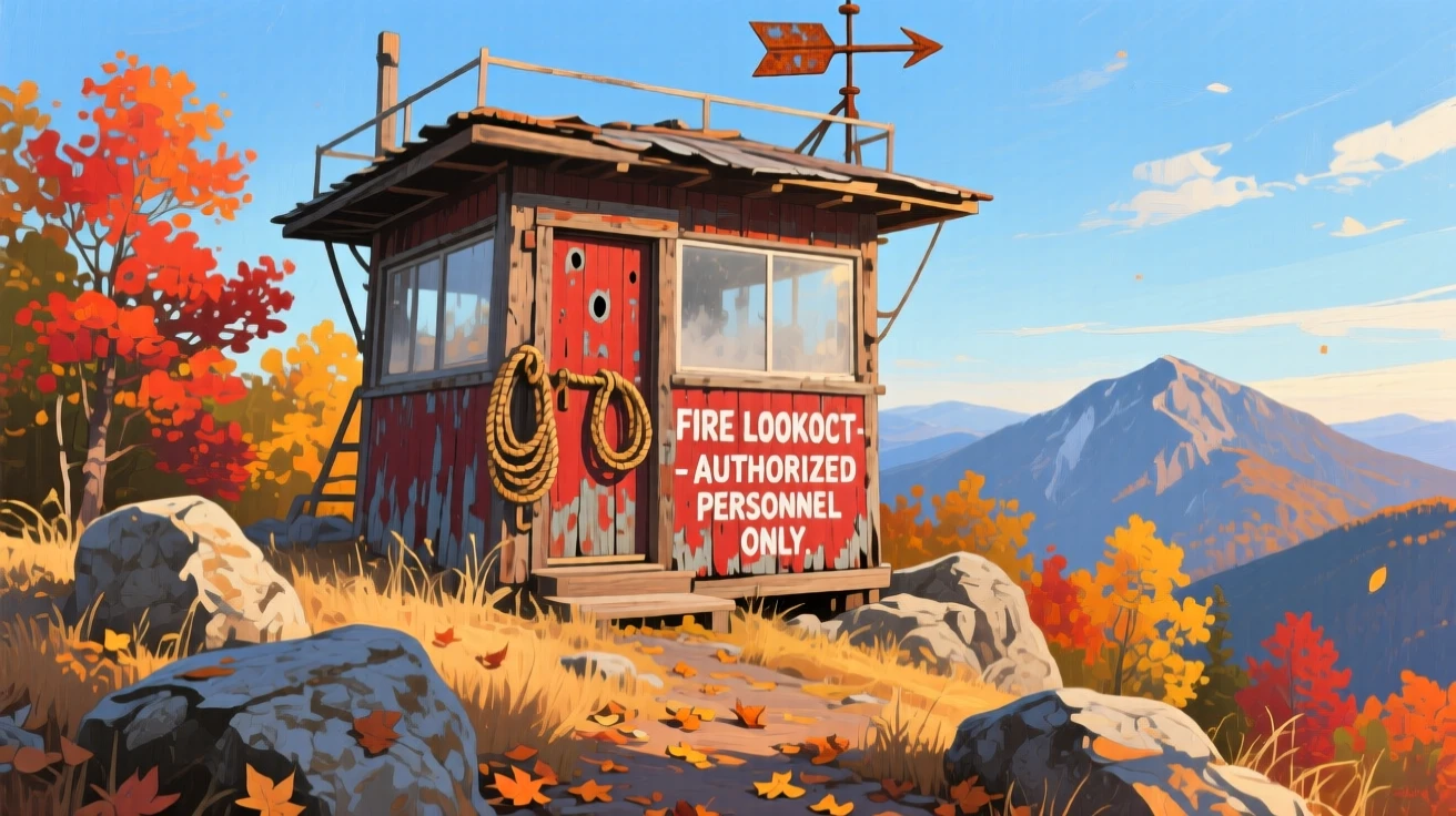 a weathered fire lookout on a remote summit, on a clear autumn morning, from an inviting eye-level viewpoint.