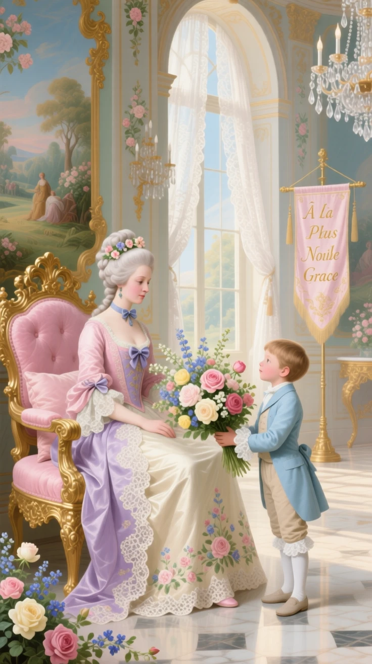A queen receiving a bouquet from a shy child in a ceremonial hall  