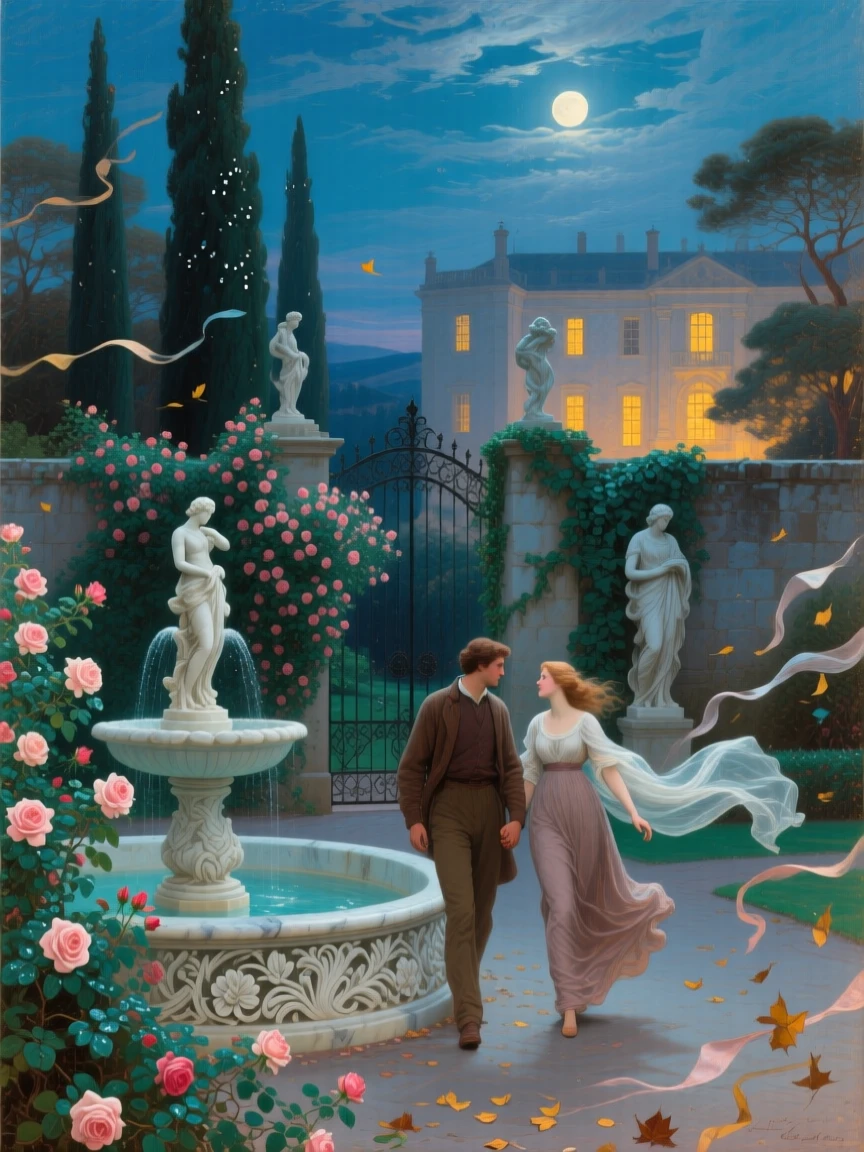On a wind-bright morning, Two lovers in a moonlit walled garden, walking hand in hand beside a fountain, surrounded by climbing roses, marble statues, and a palace glowing beyond the cypress trees; ribbons, leaves, and loose fabric animate the outer edges of the view, freedom seems almost tangible.