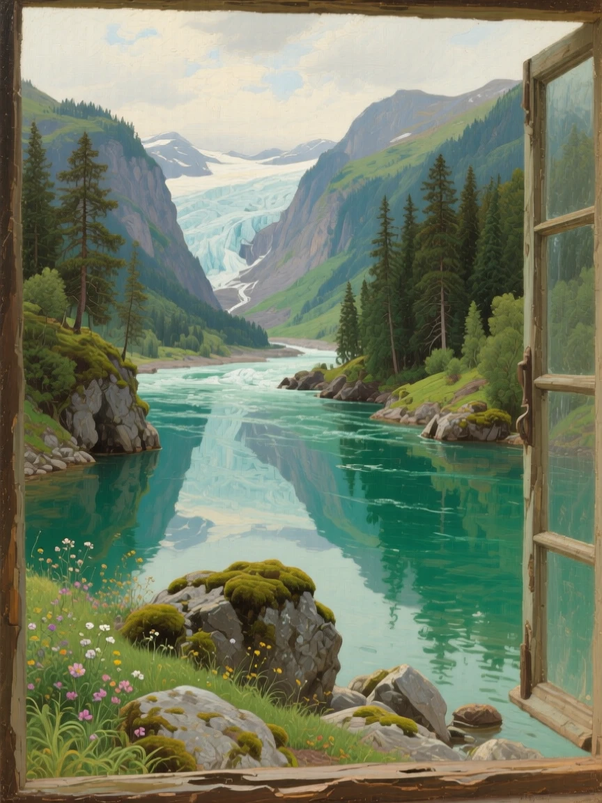 A glacial river carving through a deep emerald valley, with reflections doubling the beauty of the landscape, designed to feel like a window into another world