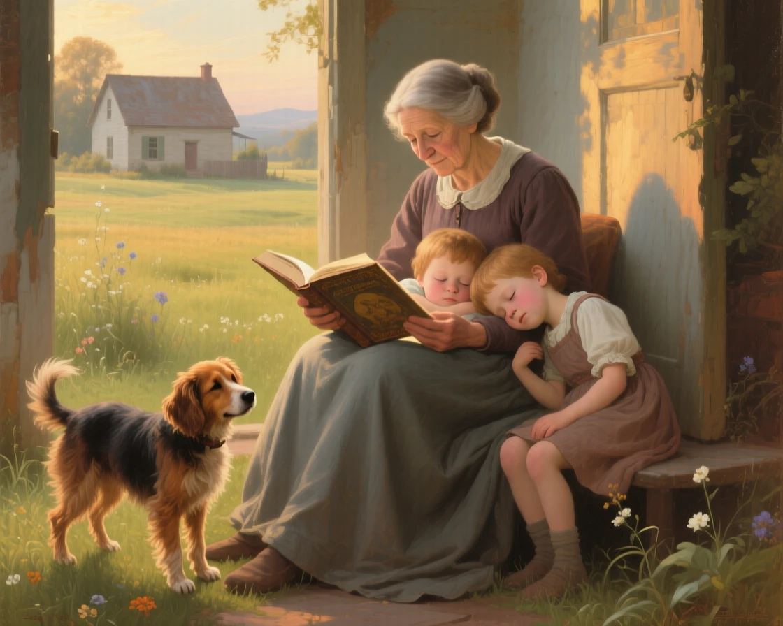 A grandmother reading a bedtime story to two sleepy grandchildren in a small, tender moment that says everything without words, set within a sunlit meadow just beyond a quiet farmhouse, with a family pet weaving happily between the figures; gentle framing by a doorway or window softens the intimate scene, filled with gentle joy and quiet devotion.