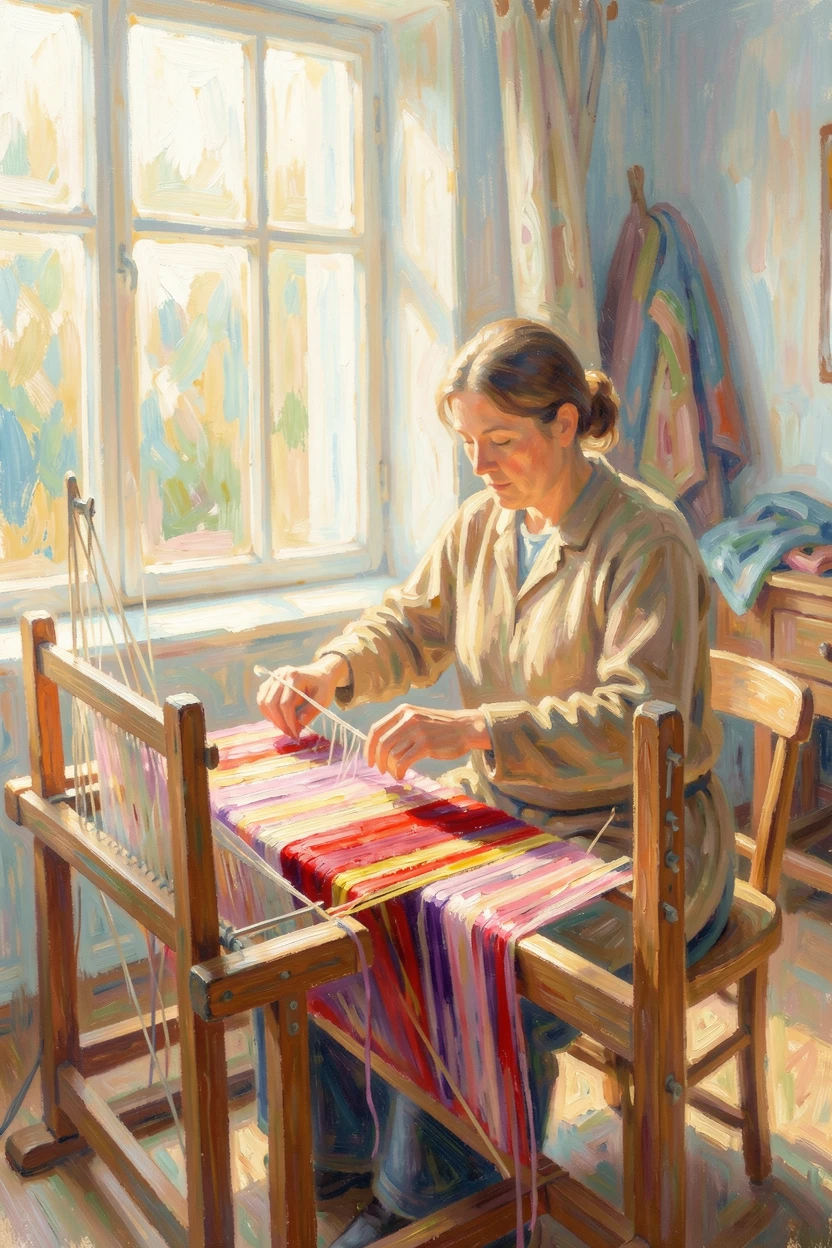 A weaver working at a traditional loom, colorful threads catching the light of a nearby window.