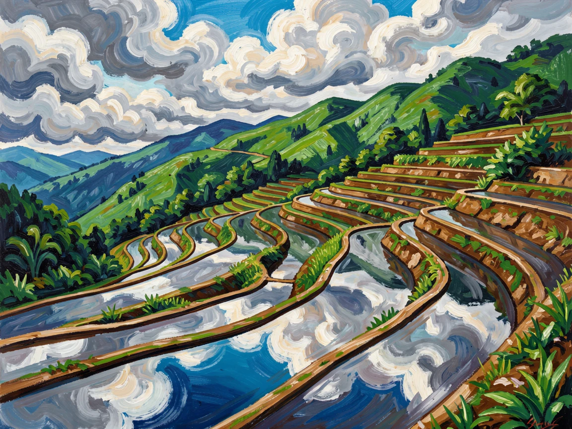 Terraced rice paddies cascading down a green mountainside, each pool mirroring the clouds above.