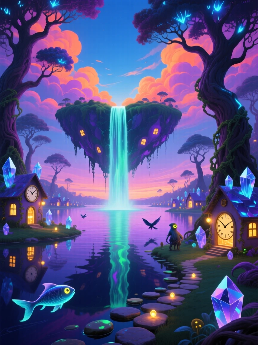 A waterfall that flows upward into a floating lake hangs suspended between two identical skies, as tiny lights flicker on in its windows one by one.