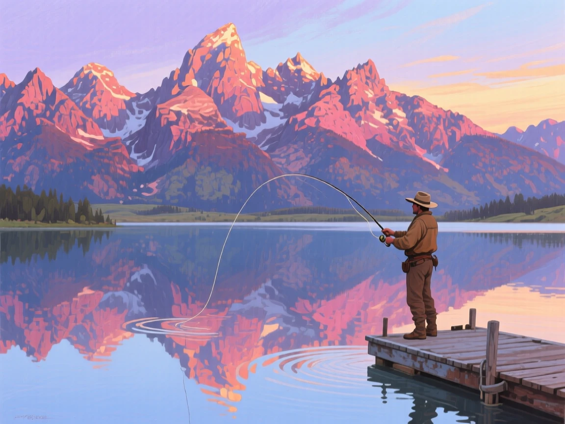 Sunrise breaks over the Sawtooth Mountains in Idaho, washing the granite spires in deep rose, a fisherman casting a line into a still lake whose surface perfectly mirrors the entire jagged skyline.