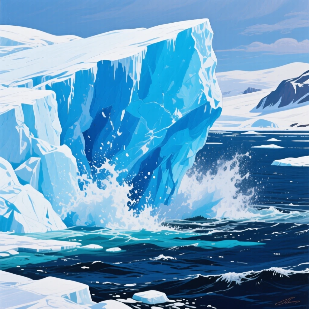A glacier calving into the sea, a massive chunk of blue ice crashing into dark polar water