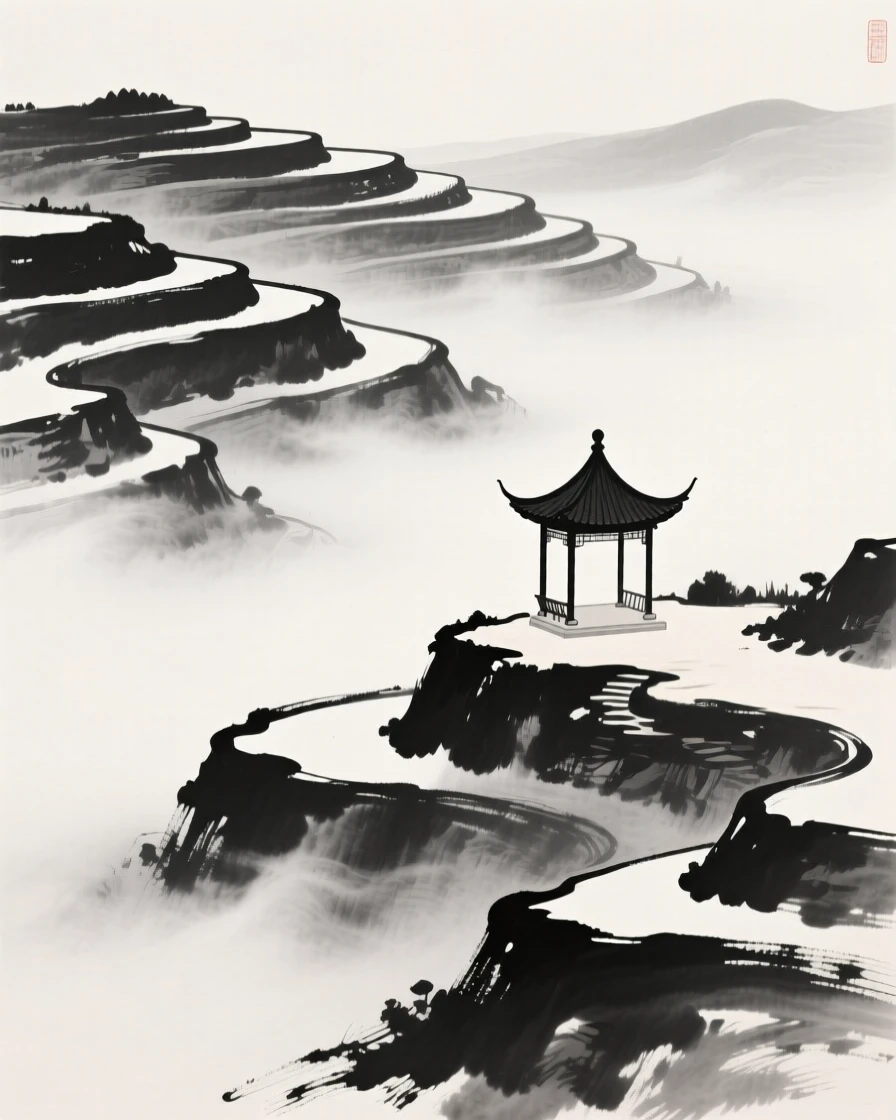 a chain of terraced foothills, wreathed in low-lying mist, with a small pavilion perched on a ledge.