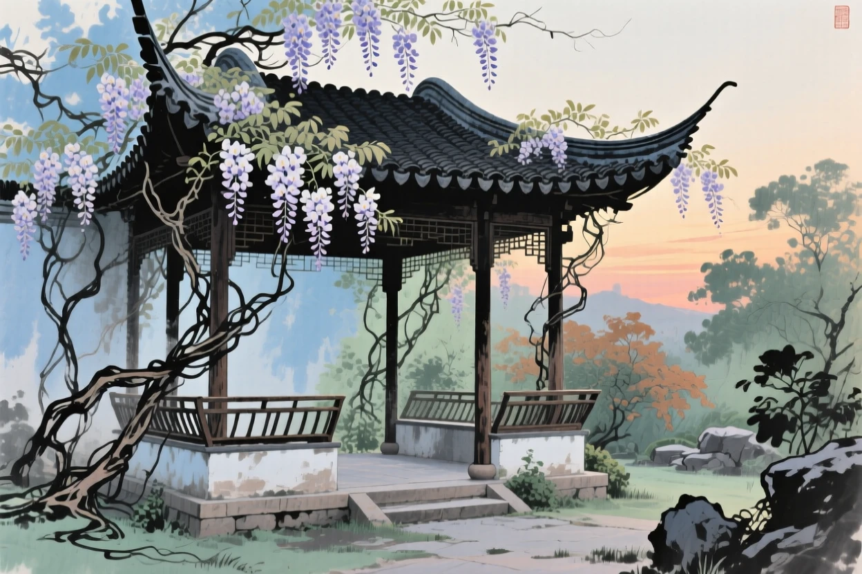 An abandoned garden pavilion reclaimed gently by wisteria vines, at dusk, conveying a deep sense of harmony with nature.