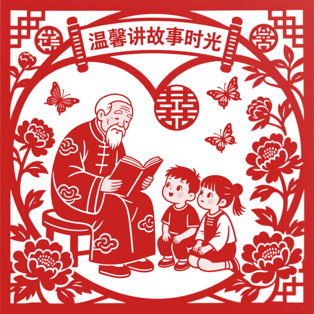 A grandfather telling a bedtime story to two wide-eyed grandchildren gathered at his feet