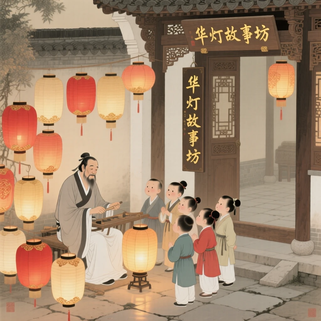 A lantern maker sharing a story with curious children in a courtyard filled with lantern light