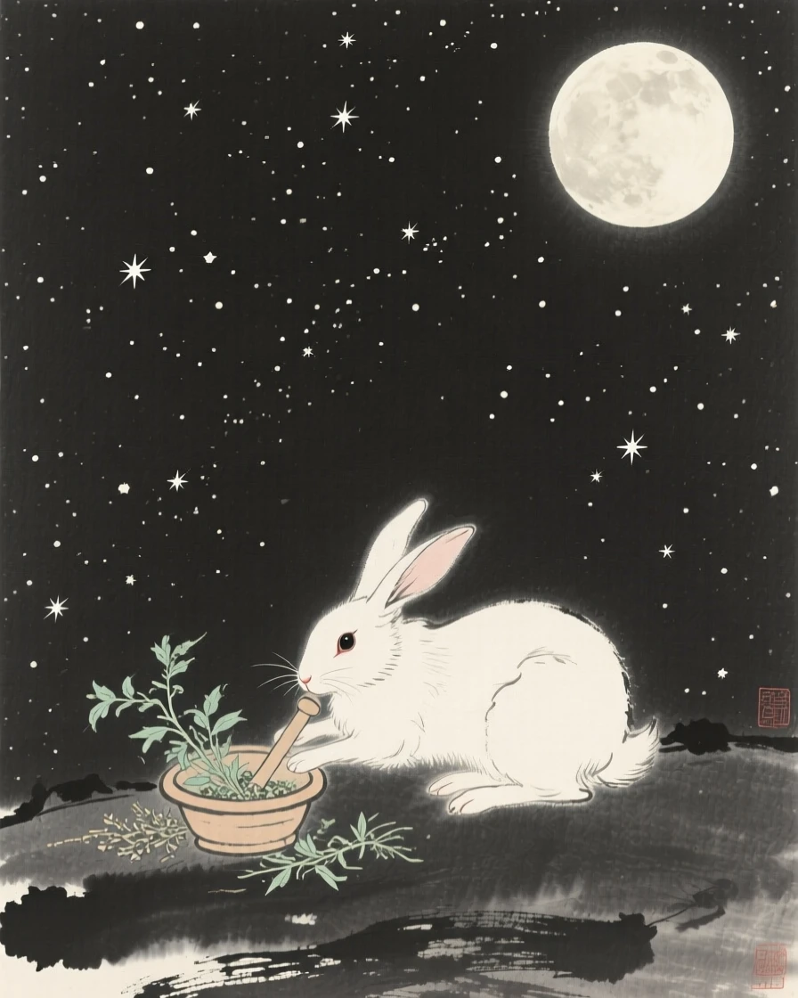 A moon rabbit pounding herbs beneath a full moon over a vast, star-filled night sky, captured mid-motion with flowing, graceful lines, suggesting ancient legend brought gently to life.