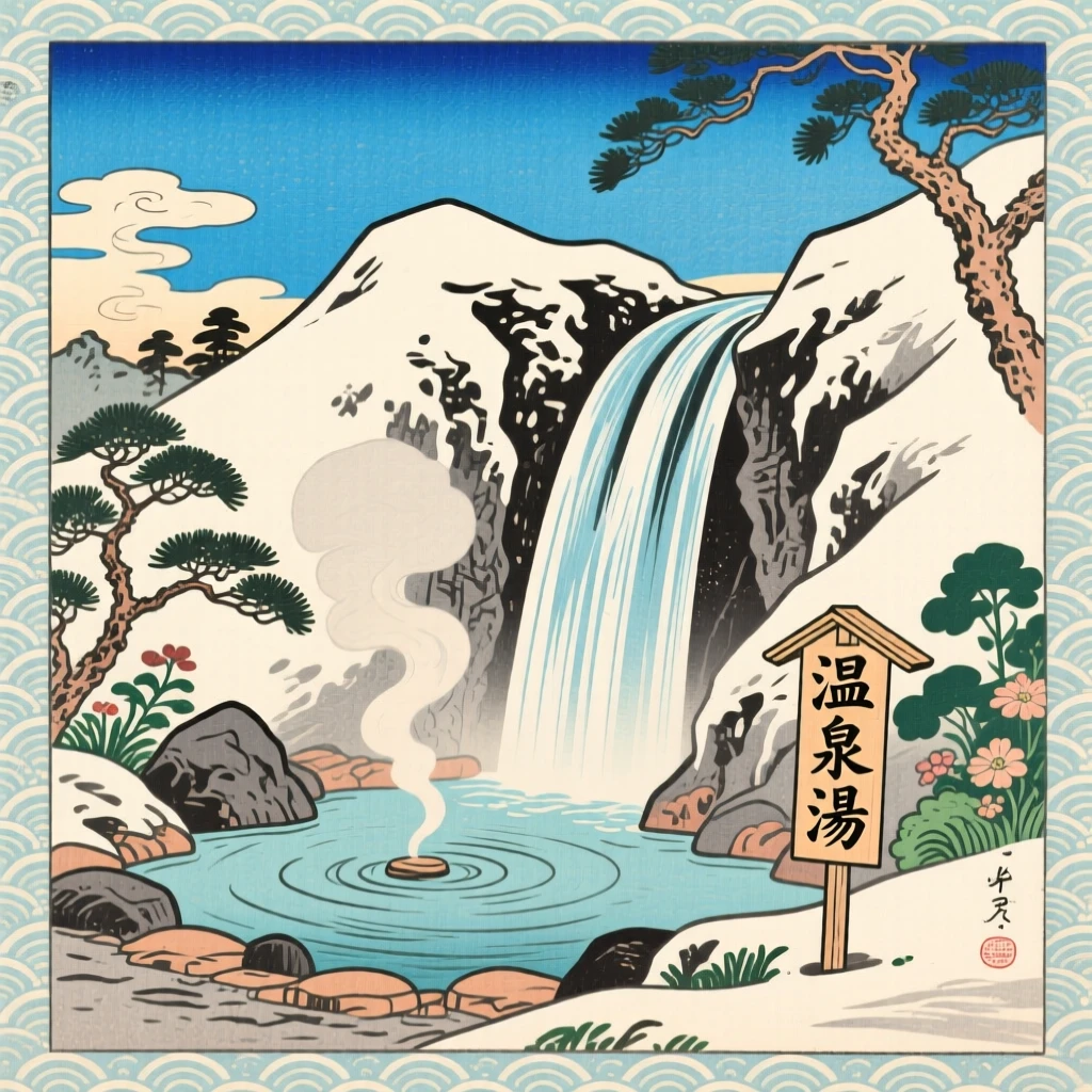 A hot spring nestled in snowy rock, beside a cascading waterfall, under a brilliant blue midday sky.