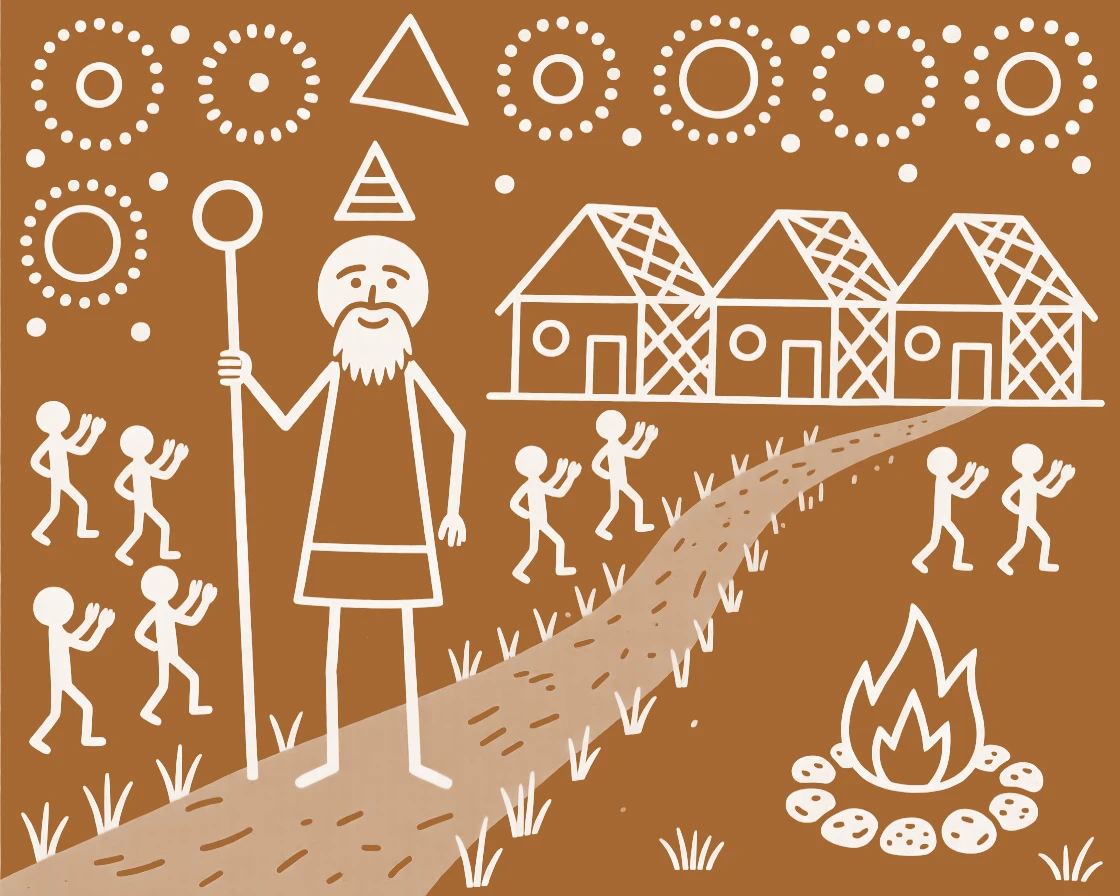 An elderly village headman celebrating the completion of a new hut along a dirt path lined with huts.