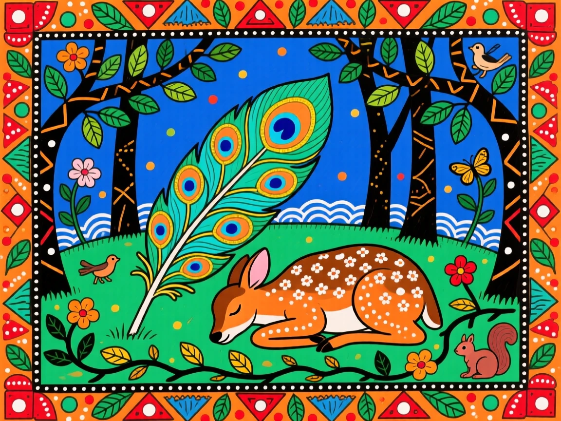 A peacock feather resting beside a sleeping fawn in a quiet forest clearing.