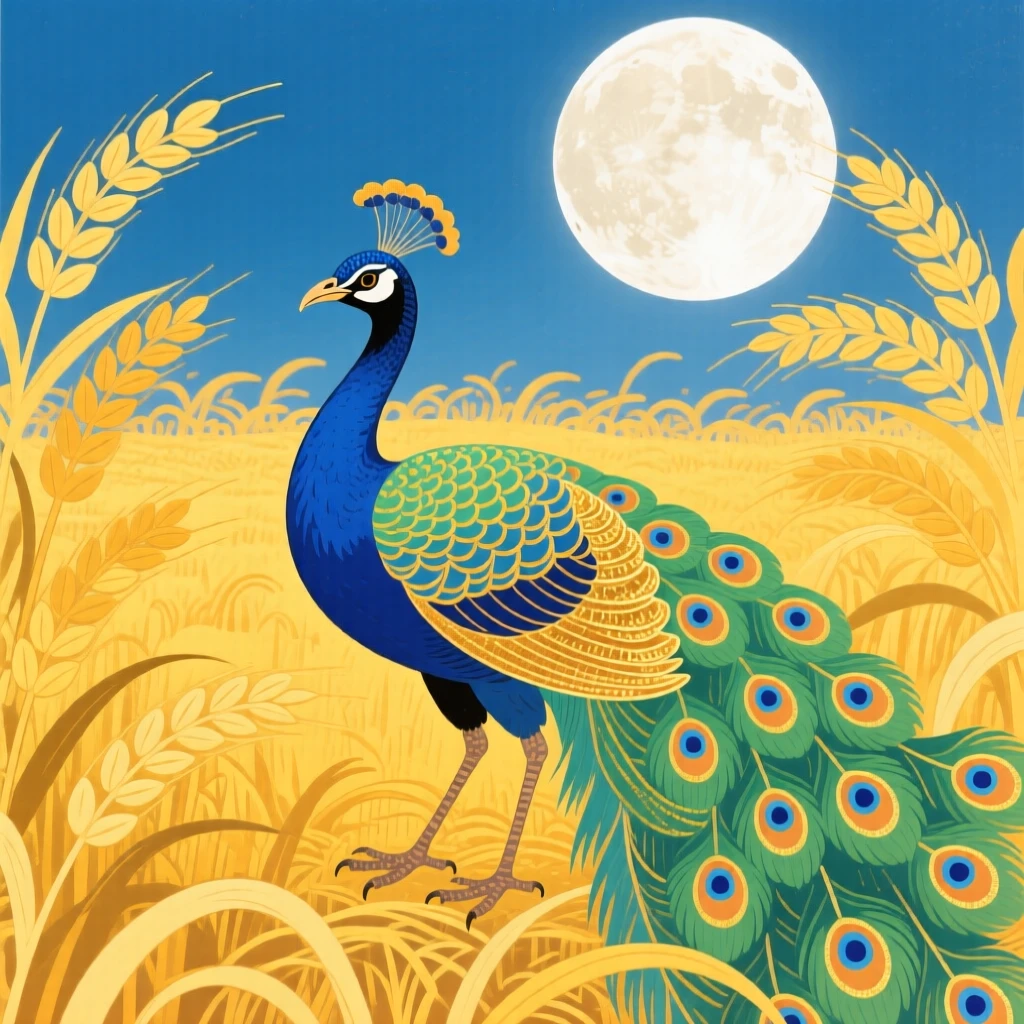 A peacock perched in a golden wheat field at harvest time, under a full harvest moon.