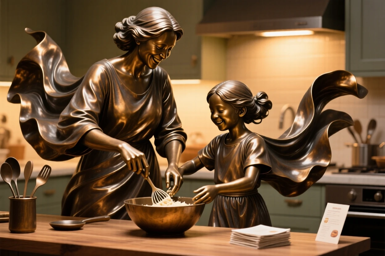 A mother and daughter cooking together in a warm kitchen, surrounded by swirling fabric and motion, forming a strong central focal point
