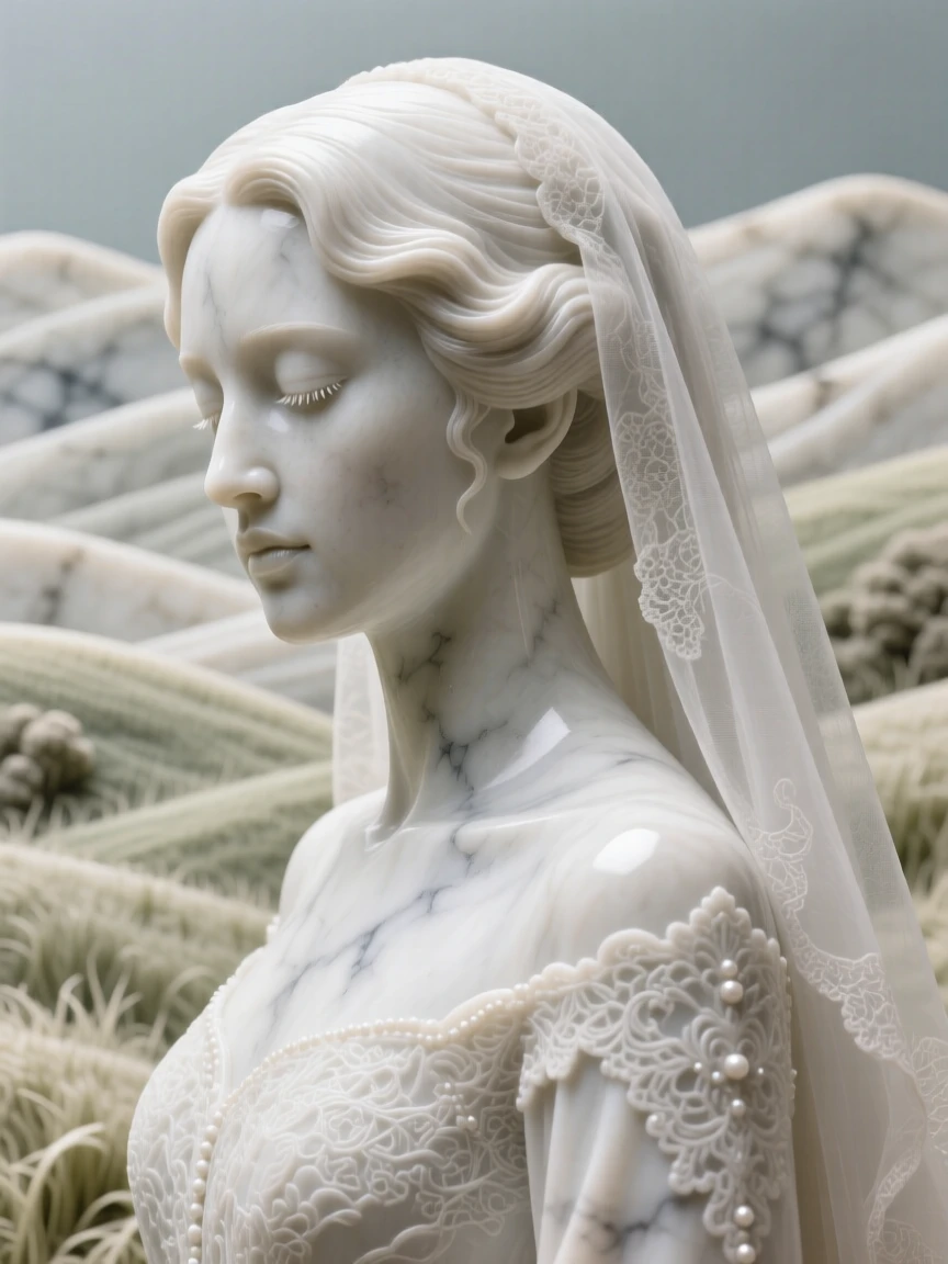 A close-up portrait of a bride on her wedding day, turning to look over one shoulder, against a backdrop of rolling hills, radiating quiet emotion and dignity