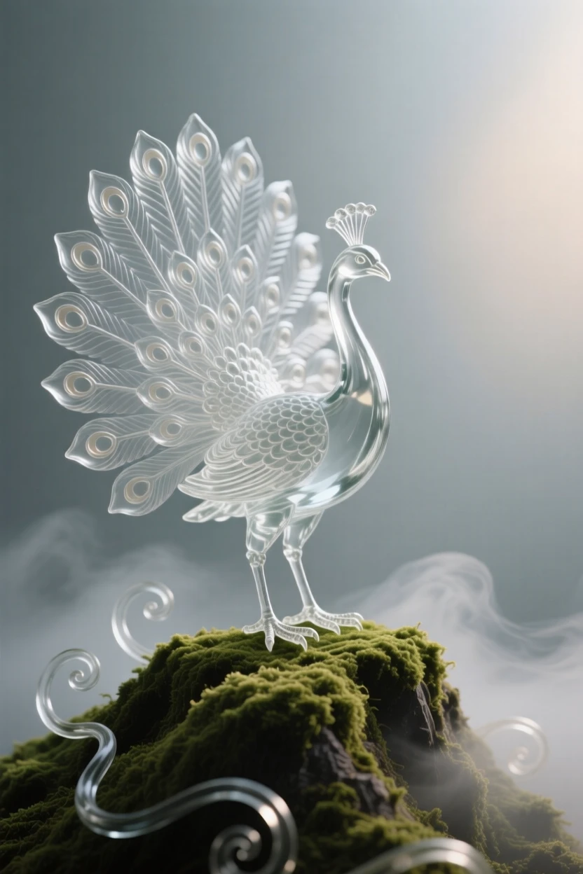 A peacock with its tail fanned open standing alert on a moss-covered ridge at first light, mist curling around its paws, the scene calm and quietly majestic.