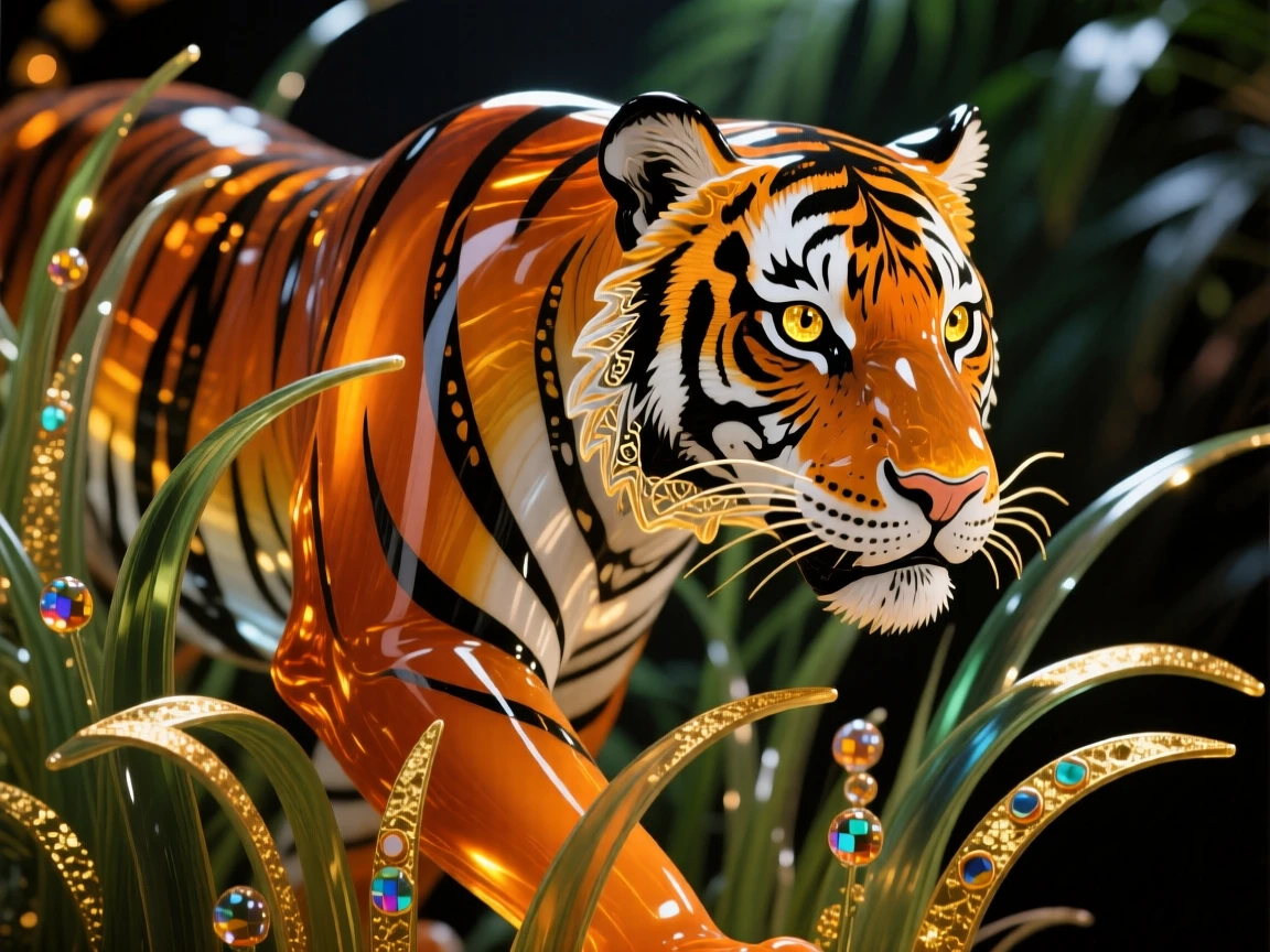 A tiger emerging through tall jungle grass, eyes locked forward, powerful and intense, dappled light filtering through the canopy.