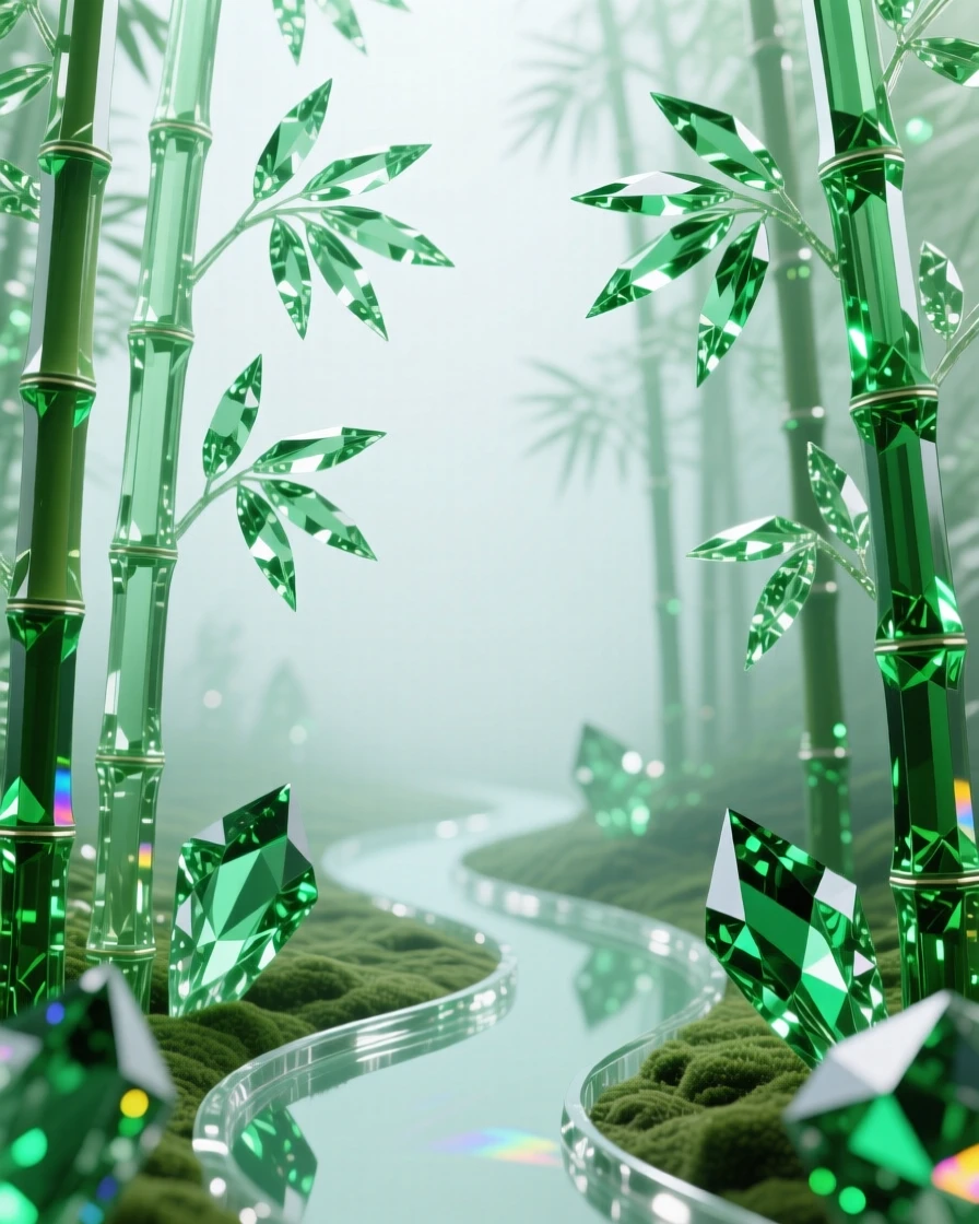 A misty bamboo forest with narrow paths disappearing into soft green light.