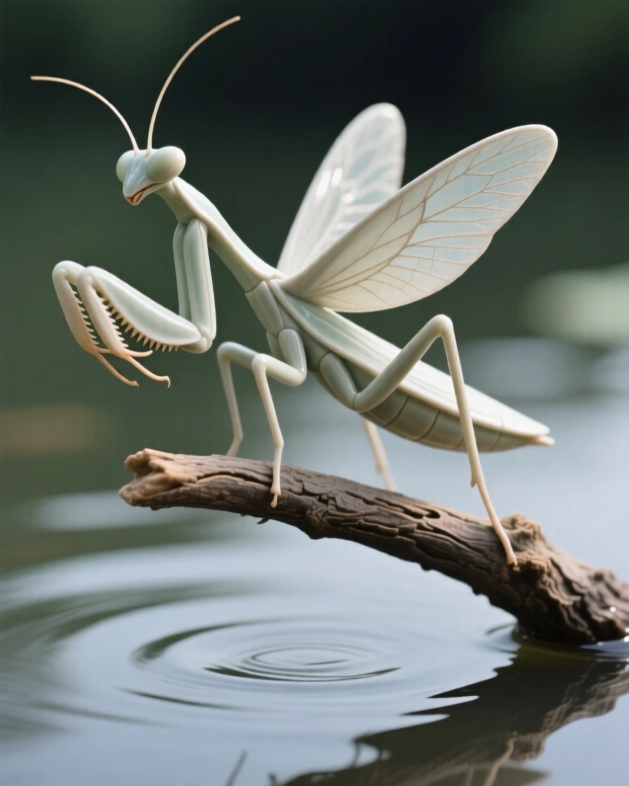 A praying mantis poised on a twig caught gliding low over calm water, with delicate antennae catching the breeze, capturing a serene moment suspended in time.