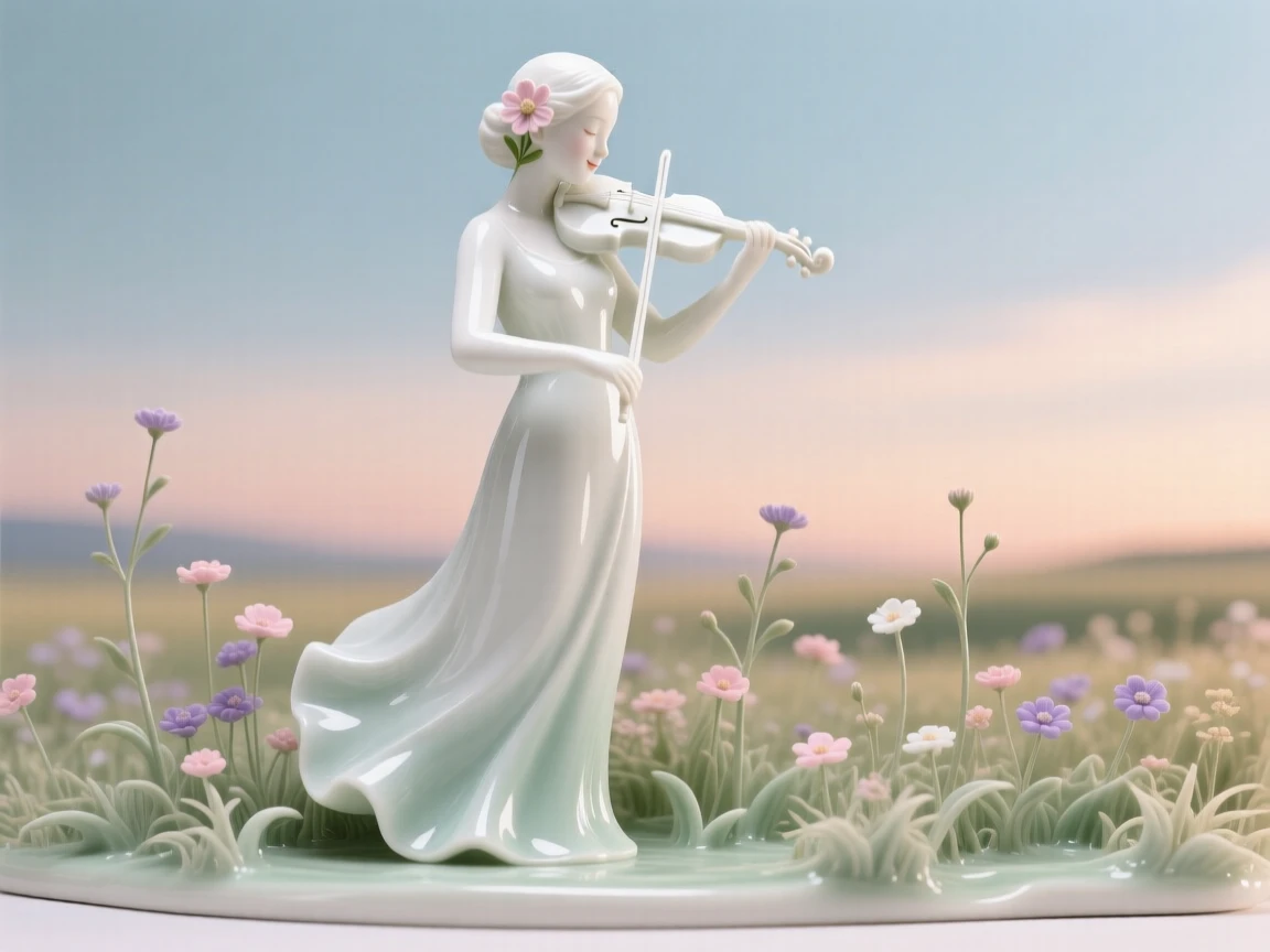 A tranquil violinist looking over her shoulder with a soft smile in a wildflower field under a pastel sky, a single flower tucked behind her ear.