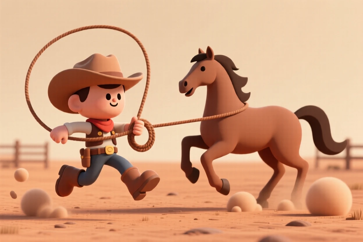 A cowboy in a wide-brimmed hat lassoes a wild horse on a dusty ranch, boots kicking up clouds of orange desert dust.