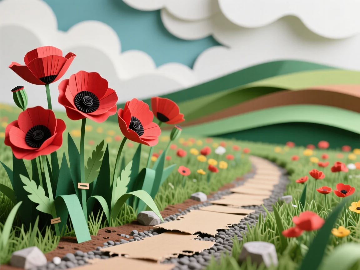 A field of wild poppies swaying beneath a dramatic sky filled with billowing clouds, a narrow footpath cutting through the crimson blooms toward a distant hilltop, suggesting freedom and open space.