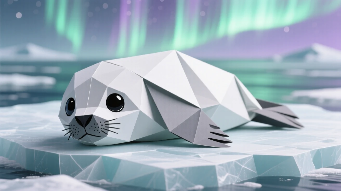 A baby harp seal resting on sea ice, big dark eyes looking directly at the viewer, faint aurora glow on the horizon.