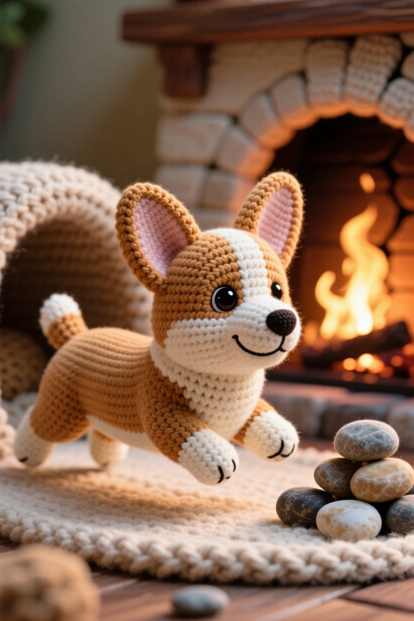 a small corgi puppy with short legs and oversized pointed ears is shown running with its long body stretched mid-stride within a cozy nook beside a crackling fireplace, accompanied by a few pebbles stacked in a small pile, capturing warm affection and comfortable belonging.