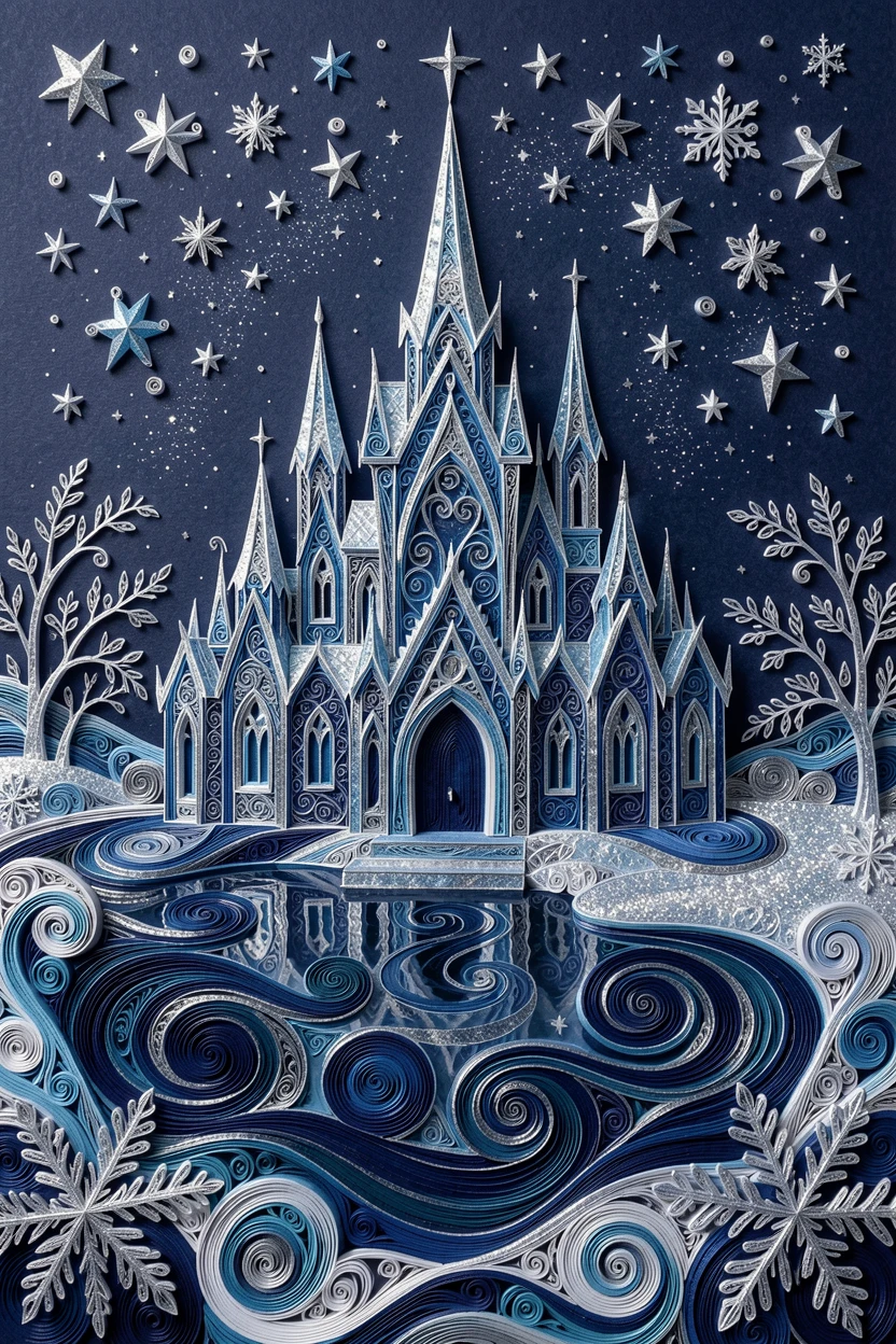 a snow queen's ice palace shimmering under starlight, on the shore of a starlit magical lake, shown in a grand, awe-inspiring wide composition, in deep midnight blues accented with silver.