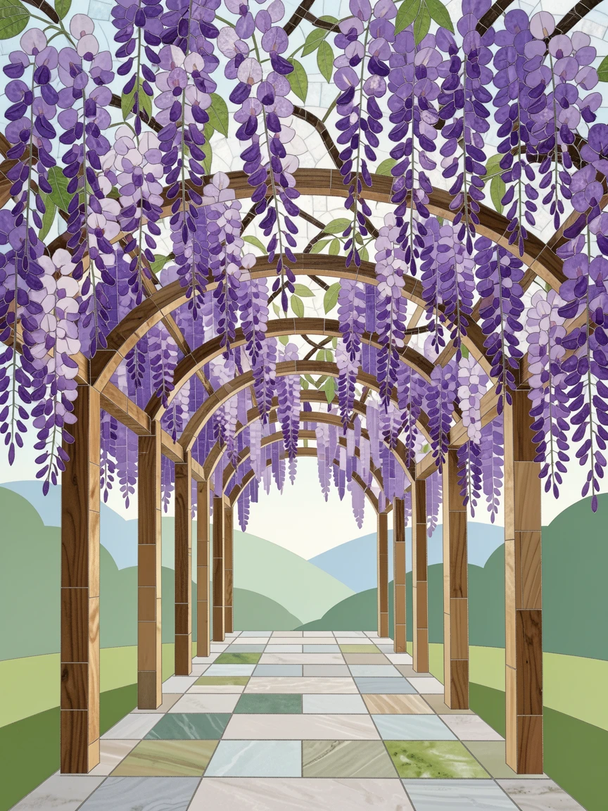 A wisteria tunnel with cascading purple blossoms overhead, with soft morning light and a gentle blur of background greenery.