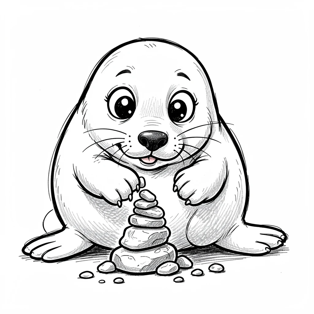 A chubby seal pup stacking tiny pebbles into a tower.